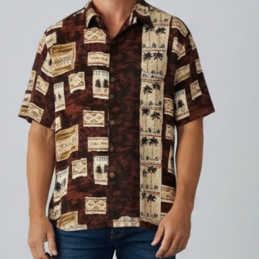 VTG 80s Men Hilo Hattie Hawaiian Shirt Tapa Pattern L Beach vacation resort wear